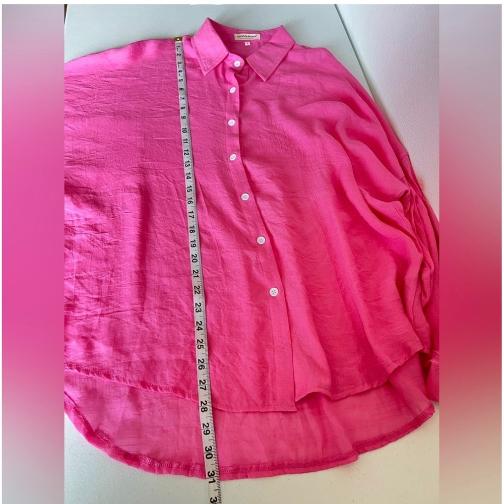 Anna-Kaci Hot Pink Button Down Boyfriend Shirt Roll Tab Coverup Blouse Size L - Picture 7 of 8
